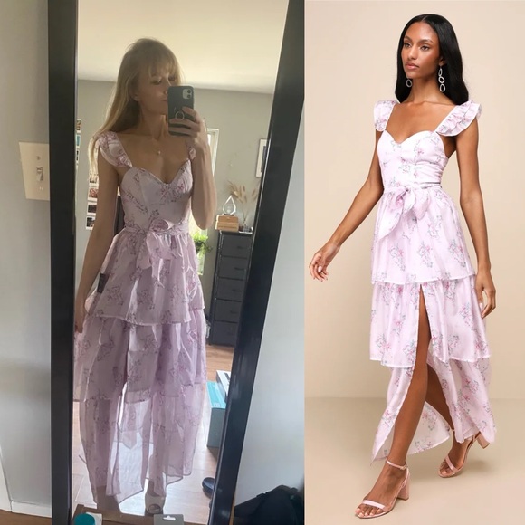 Lilac Pink Floral Ruffled Tiered Bustier Flutter-Sleeve Midi Dress 🌿 - Picture 4 of 11